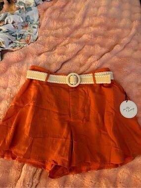 High-Waist Orange Linen-Feel Shorts with Cream Woven Belt